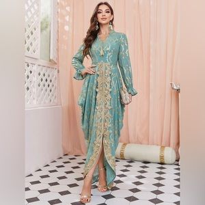 Gold Plant Pattern Notch Neck Flounce Sleeve Applique Detail Split Hem Dress